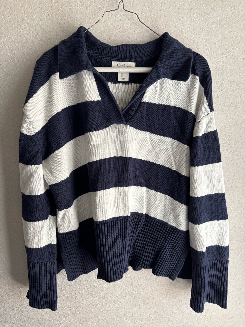 Jessica Simpson Navy and White Striped V-Neck Sweater